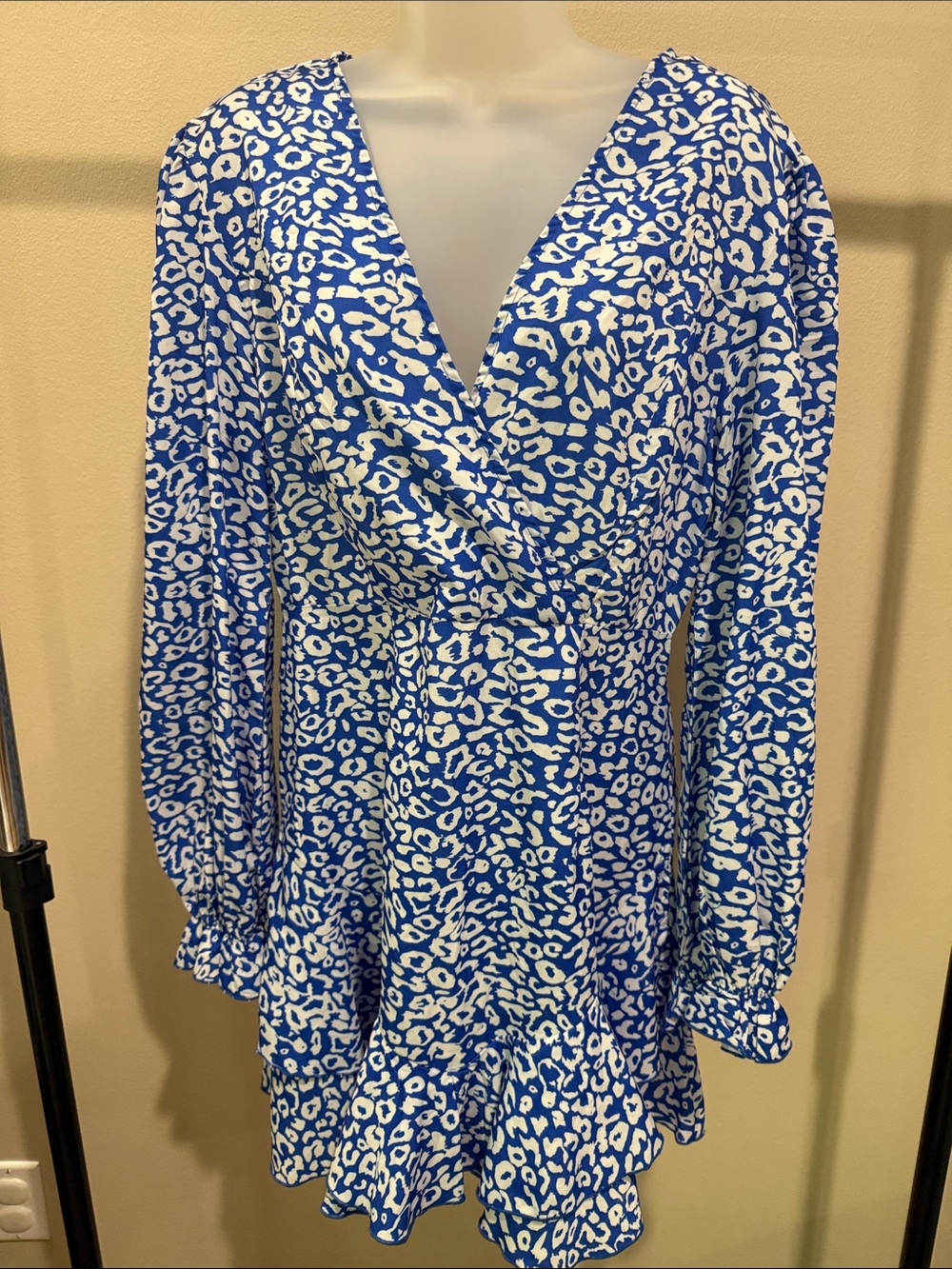 AREA Blue and White Printed Wrap Romper